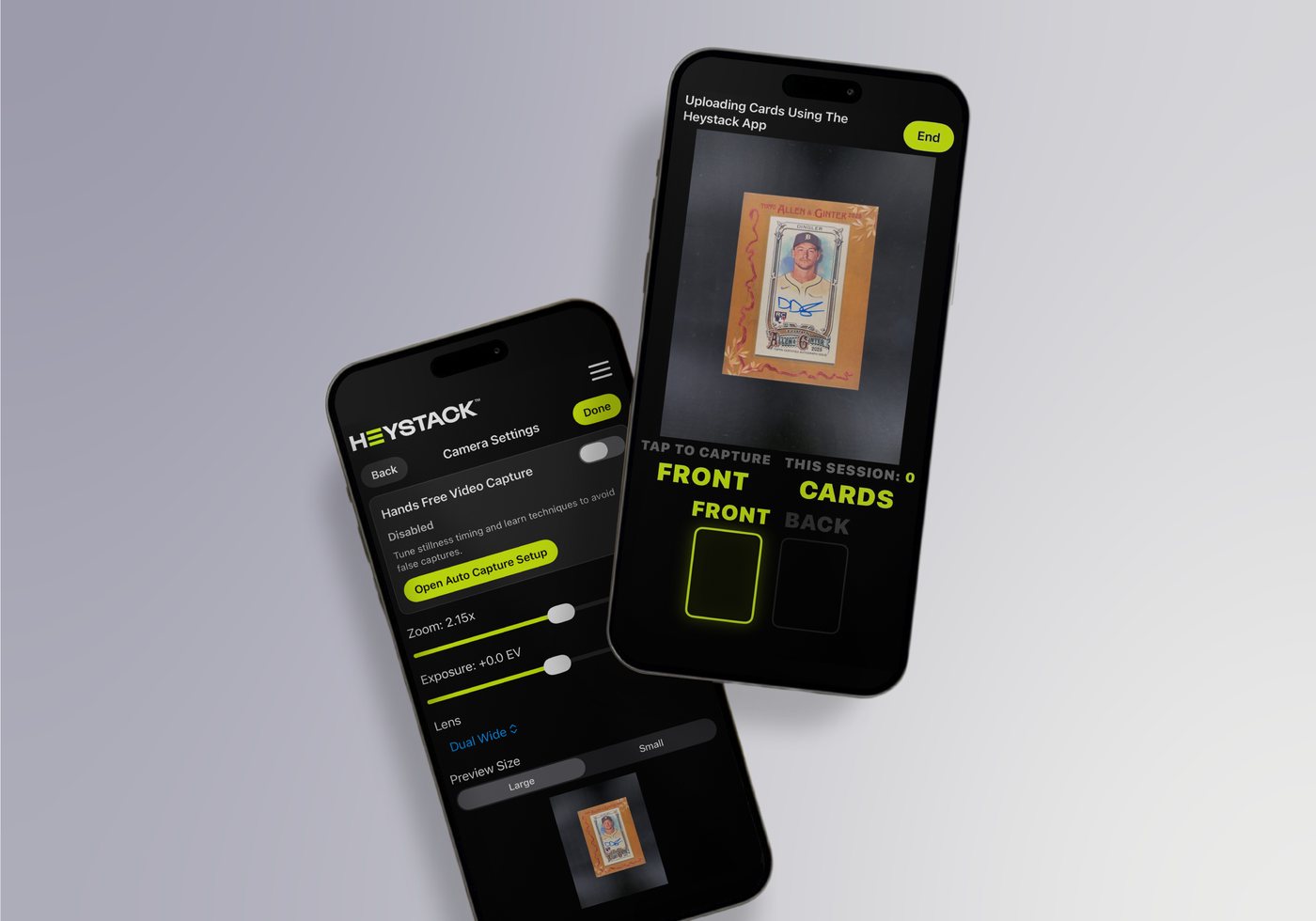 The Heystack Imaging App capturing a card on two phones